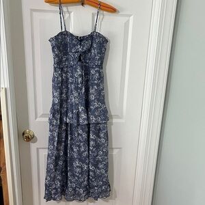 Blue Floral Spaghetti Strap Midi Dress with Ruffles with Front Slit Size Small